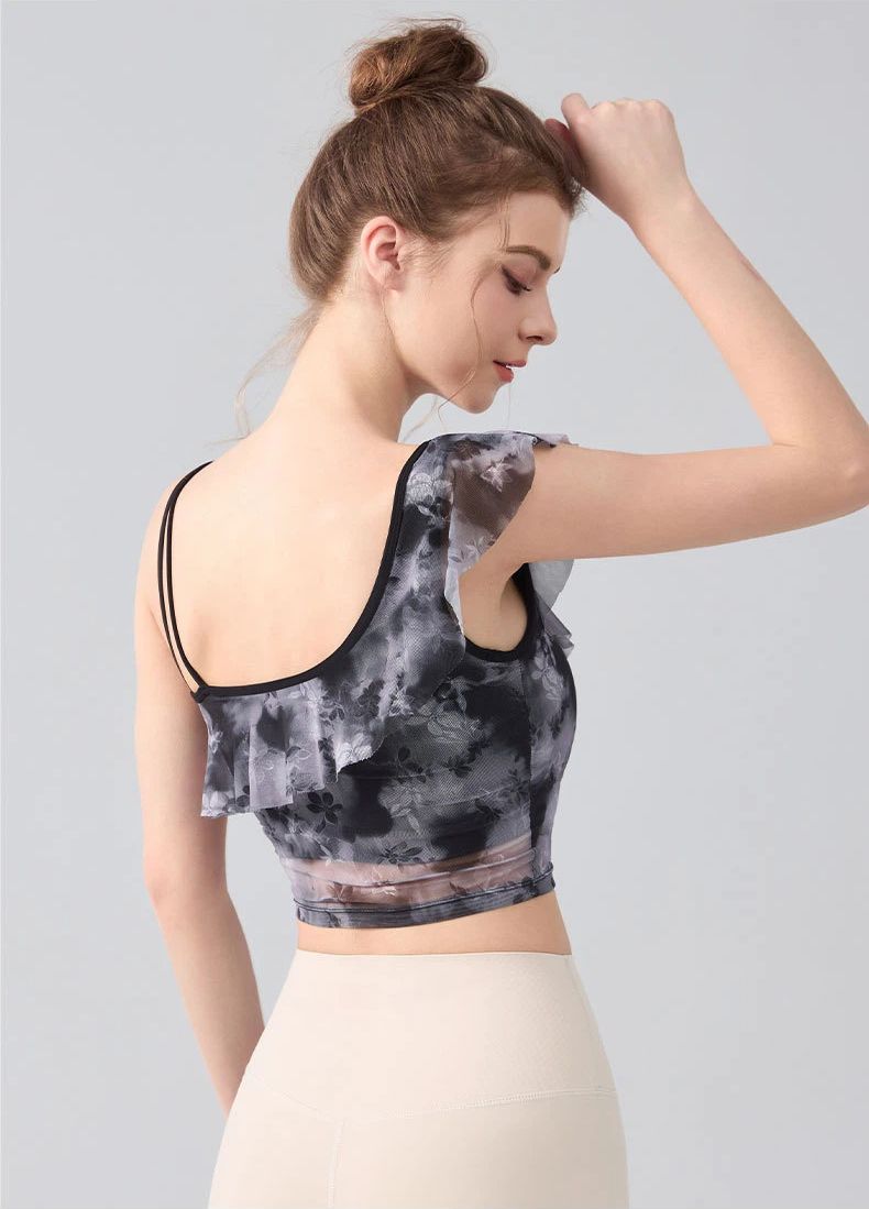 Slanted shoulder sexy ruffled mesh quick-dryer