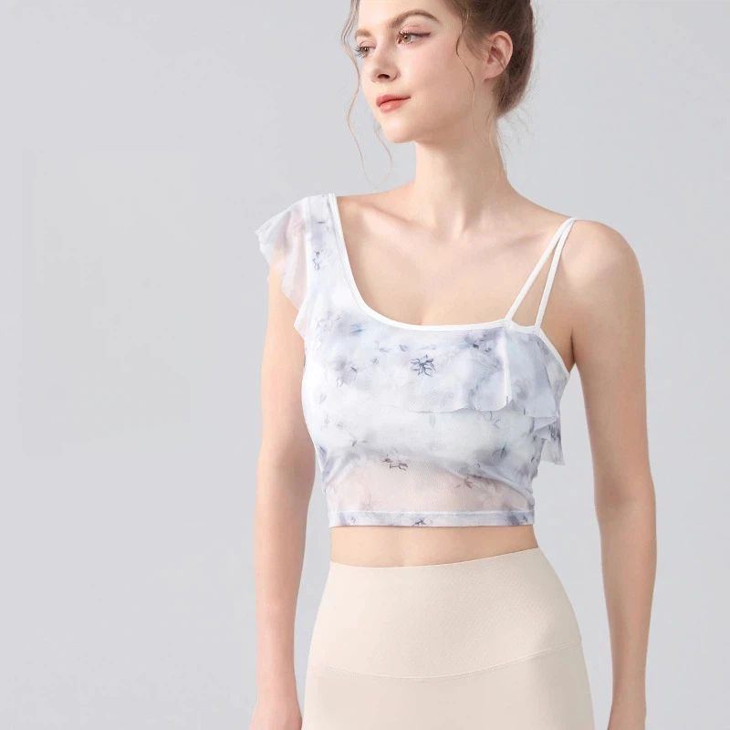 Slanted shoulder sexy ruffled mesh quick-dryer