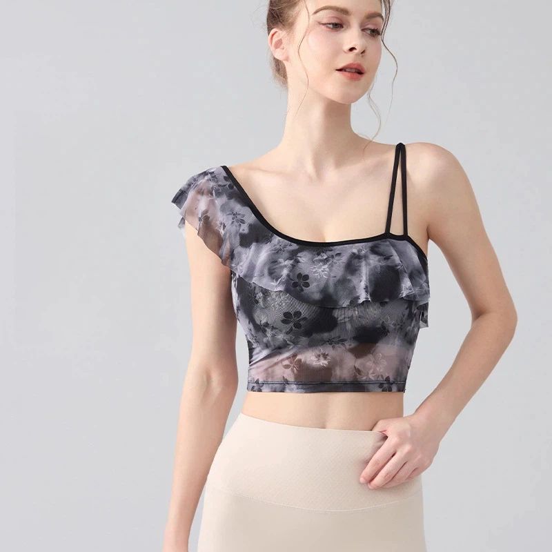 Slanted shoulder sexy ruffled mesh quick-dryer