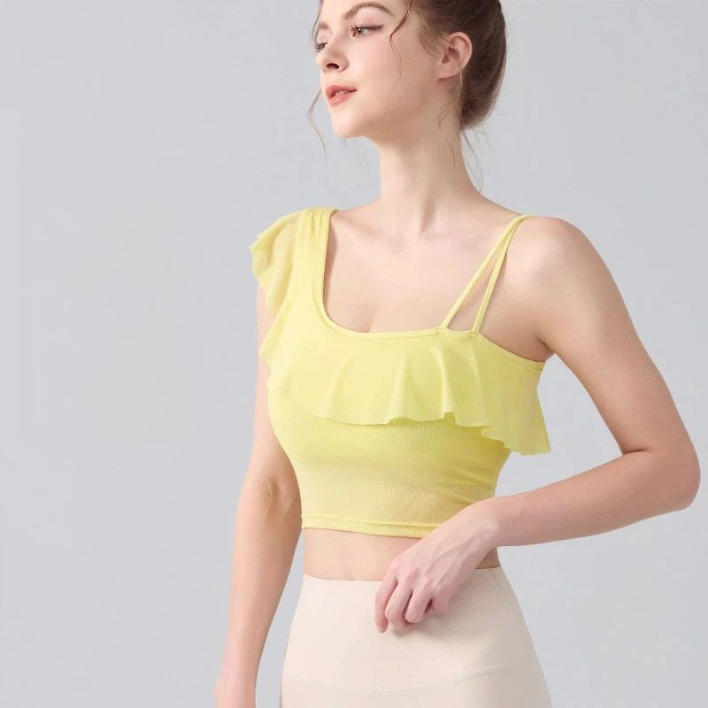 Slanted shoulder sexy ruffled mesh quick-dryer