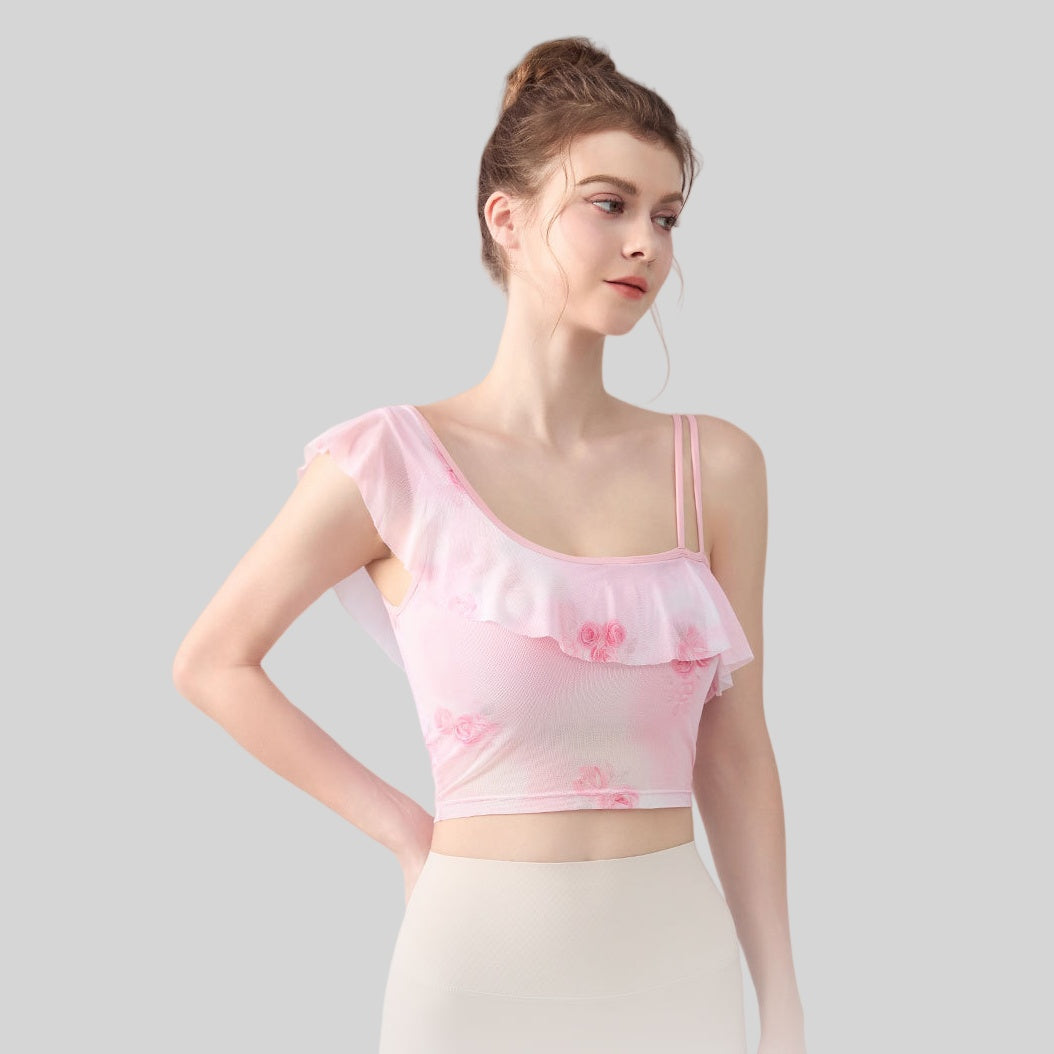Slanted shoulder sexy ruffled mesh quick-dryer