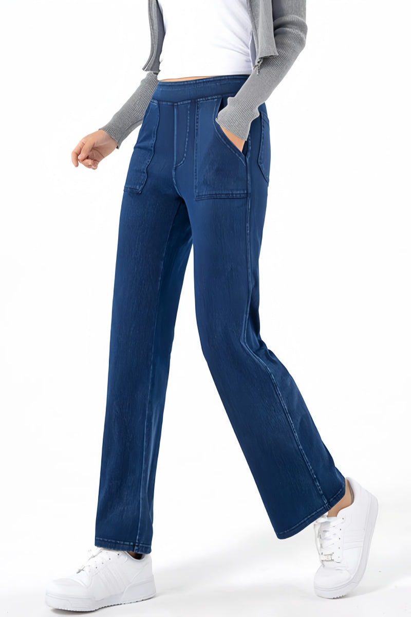 Imitation denim high-waisted straight-leg wide-leg pants