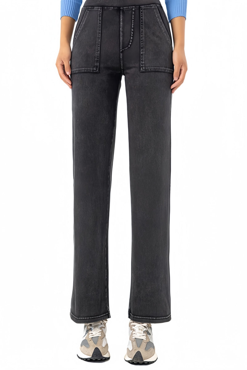 Imitation denim high-waisted straight-leg wide-leg pants