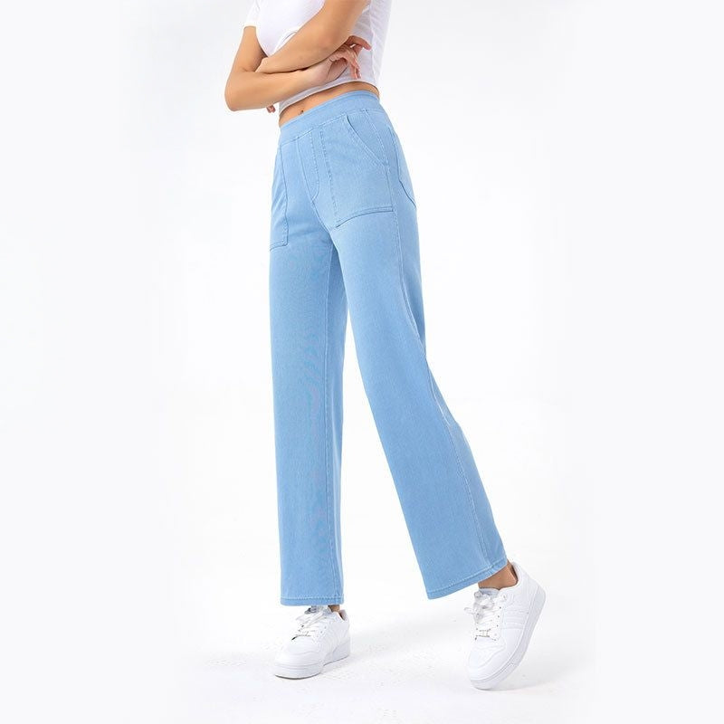 Imitation denim high-waisted straight-leg wide-leg pants