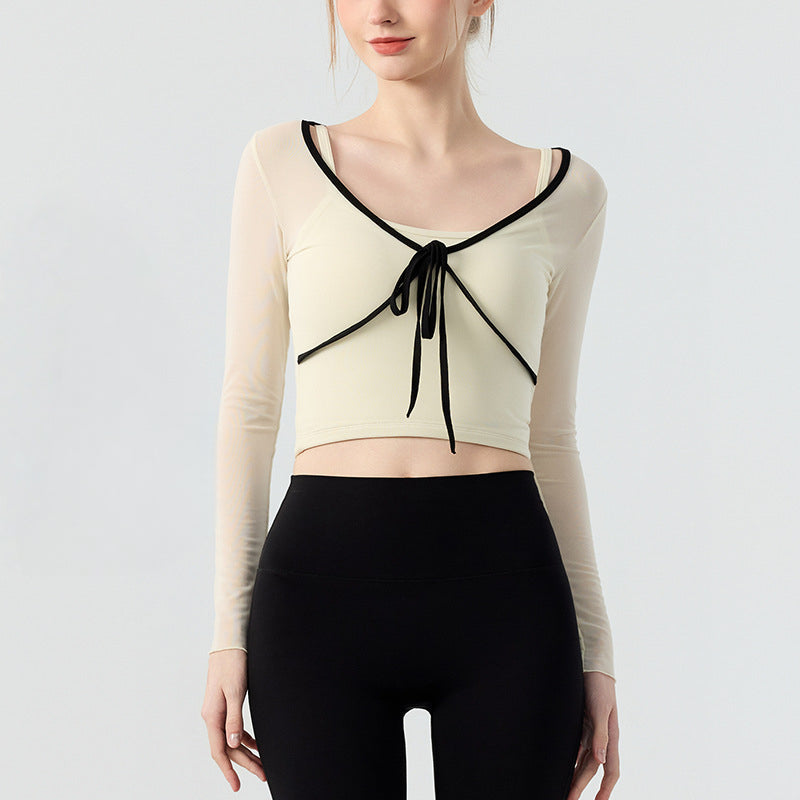 Fake two contrasting bow mesh long sleeves