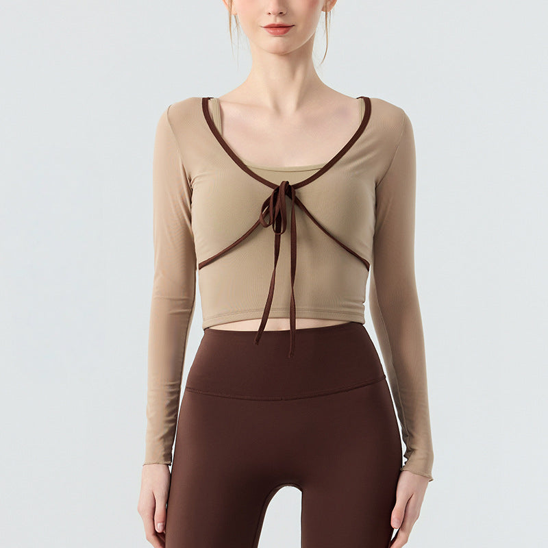 Fake two contrasting bow mesh long sleeves