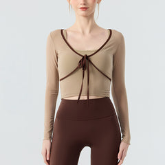 Fake two contrasting bow mesh long sleeves