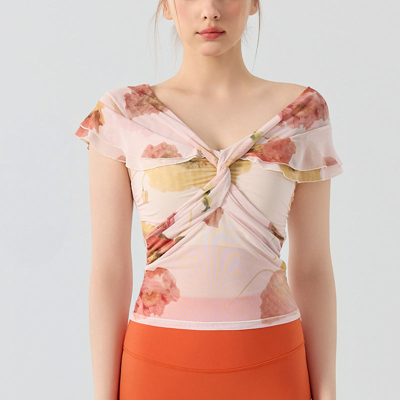 Sexy V-neck mesh print short sleeves