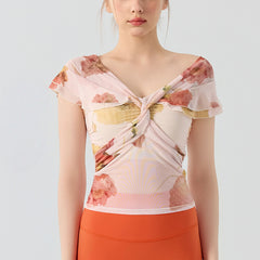 Sexy V-neck mesh print short sleeves