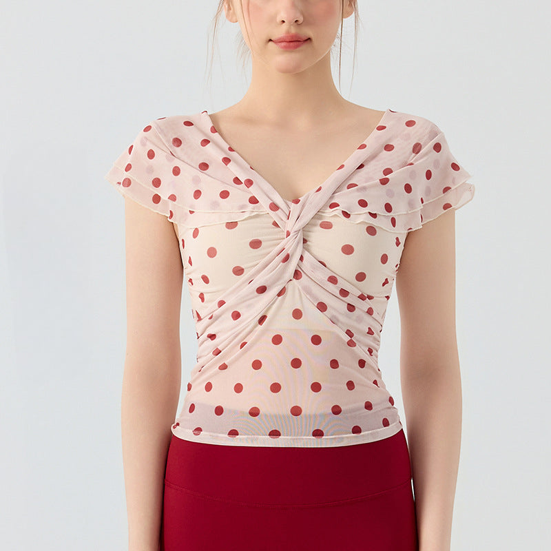 Sexy V-neck mesh print short sleeves