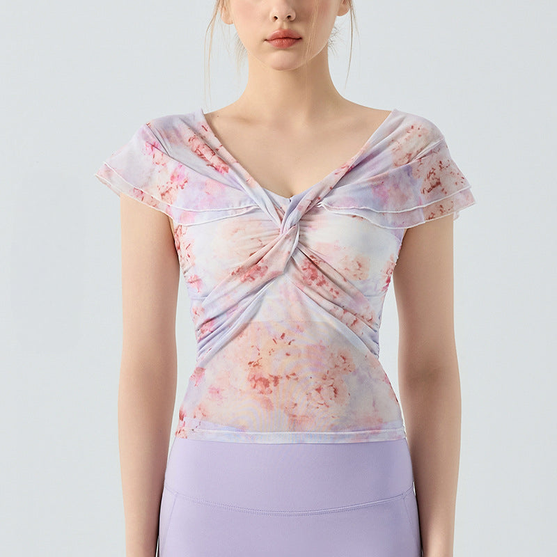 Sexy V-neck mesh print short sleeves