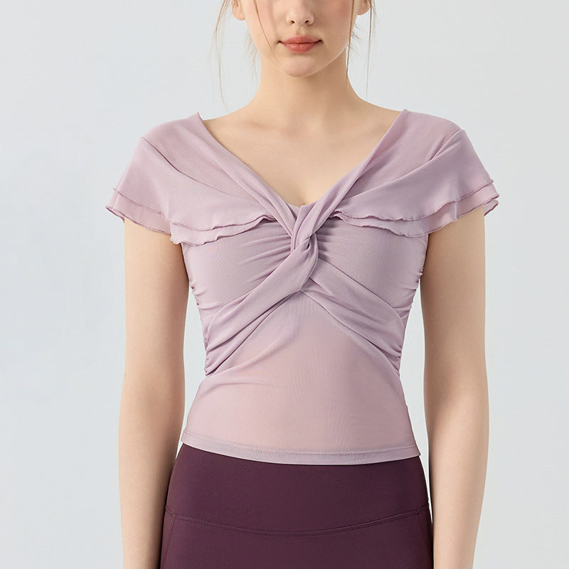 Sexy V-neck mesh print short sleeves