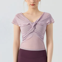 Sexy V-neck mesh print short sleeves
