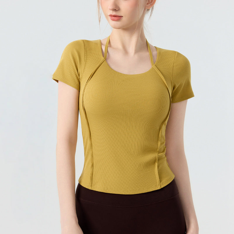 Slim yoga short sleeves with thin strap halterneck