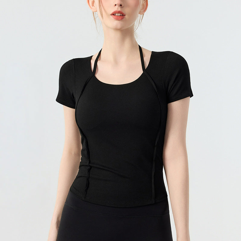 Slim yoga short sleeves with thin strap halterneck