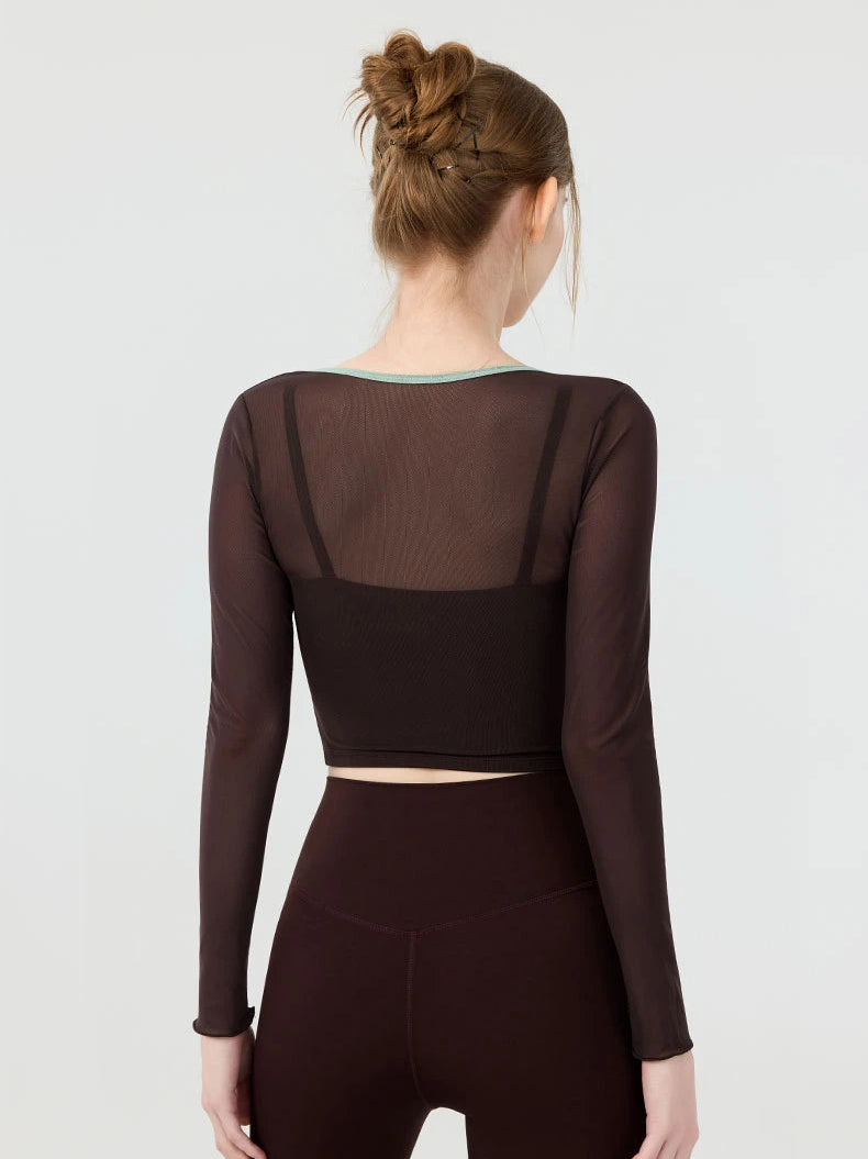 Fake two contrasting bow mesh long sleeves