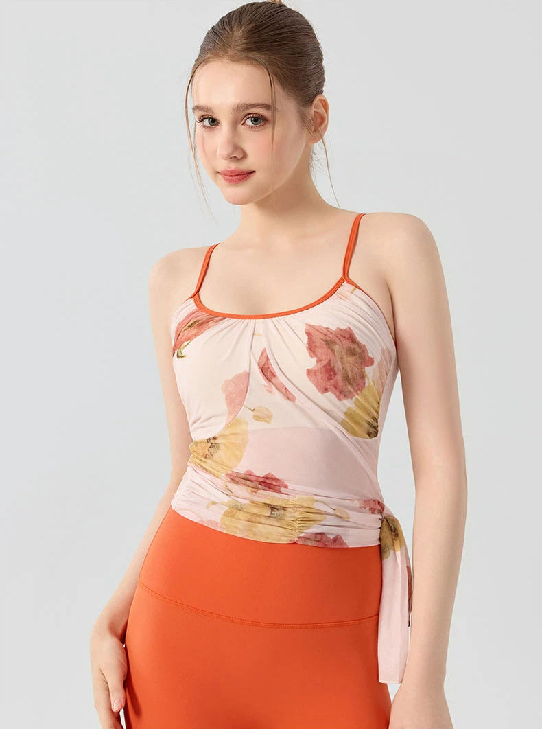Printed mesh shirred strap slim sports vest