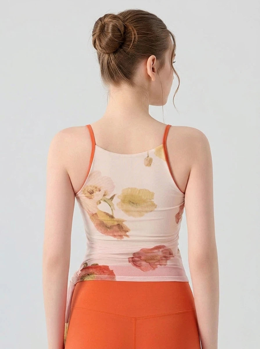 Printed mesh shirred strap slim sports vest
