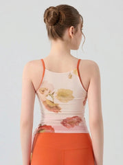 Printed mesh shirred strap slim sports vest