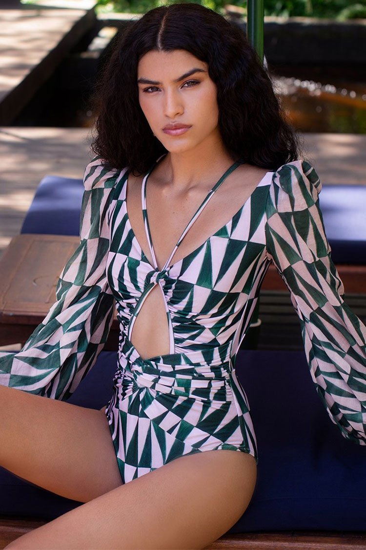 Puff Sleeve Tropical Print Cutout V Neck One Piece Swimsuit