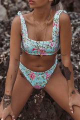 Self Tie Floral Bandeau Bikini - Two Piece Set