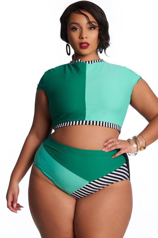Plus Size High Waist Color Block Sleeved Crop Bikini - Two Piece Set