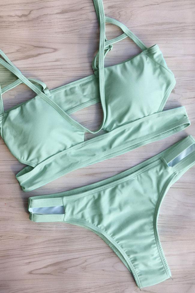 Solid Light Blue Cutout Triangle Bikini - Two Piece Swimsuit
