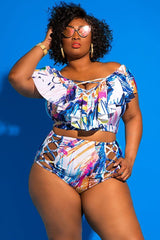 Plus Size Scrawl Ruffle Crisscross Strappy High Waisted Bikini - Two Piece Set