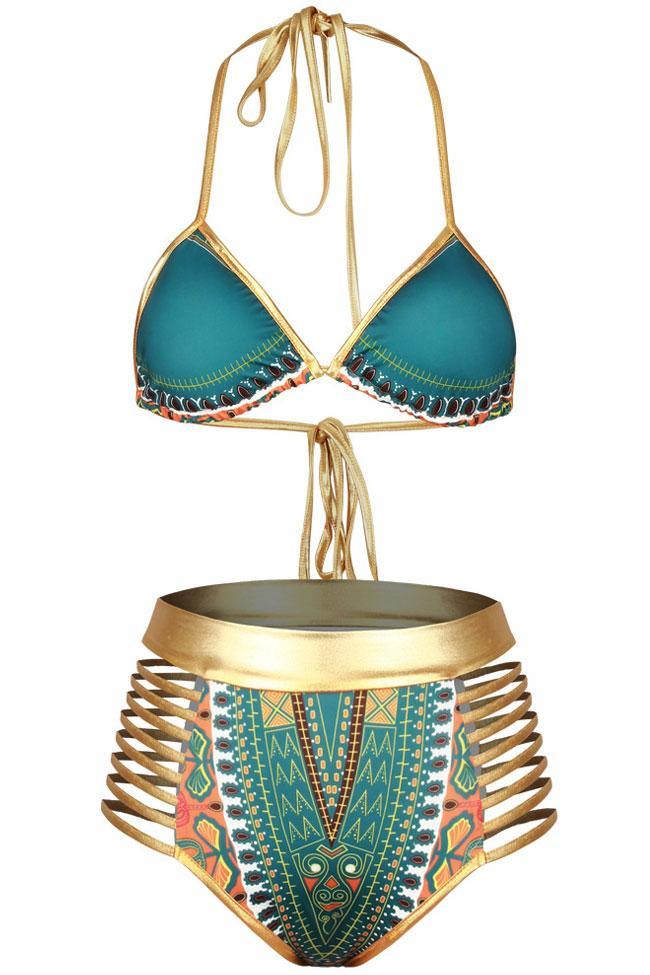 Metallic Strappy High Waist Slide Triangle Bikini - Two Piece Set