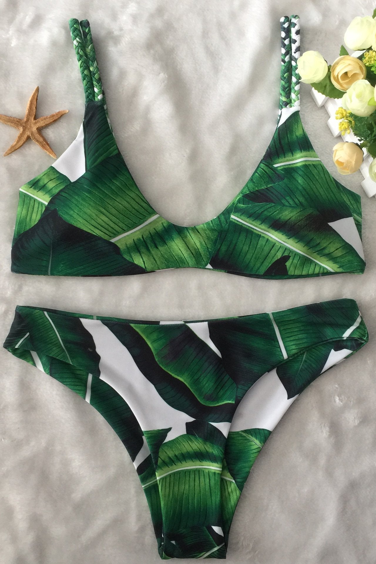 Green Tropical Leaf Print Braided Triangle Bikini Set