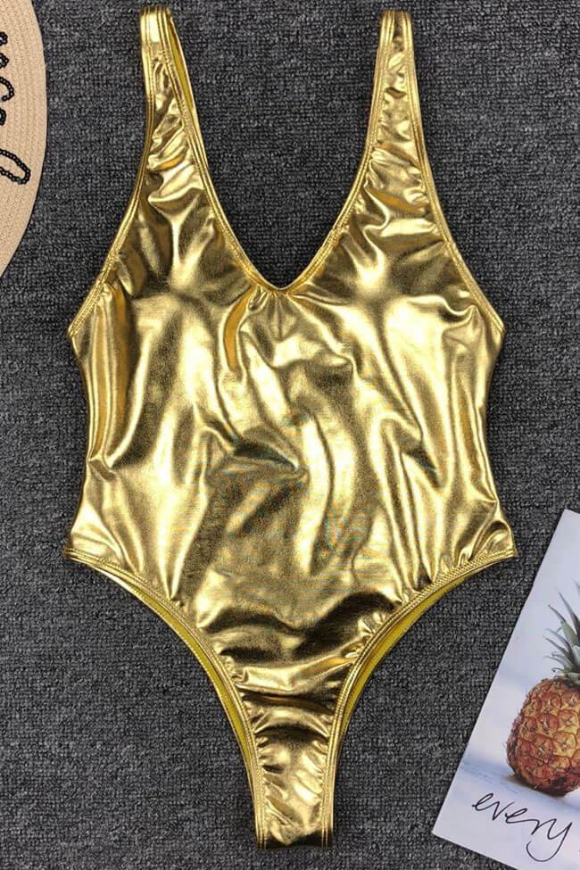 Metallic High Leg V Neck One Piece Swimsuit