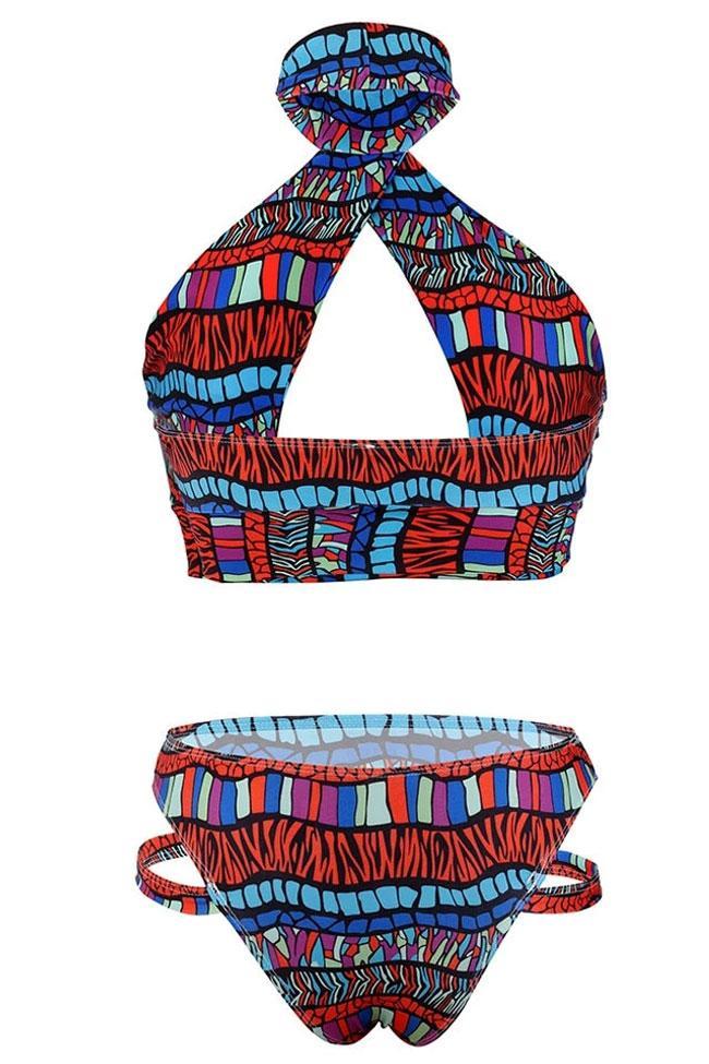 Tribal Geometric Print Cut Out Halter Bikini - Two Piece Set