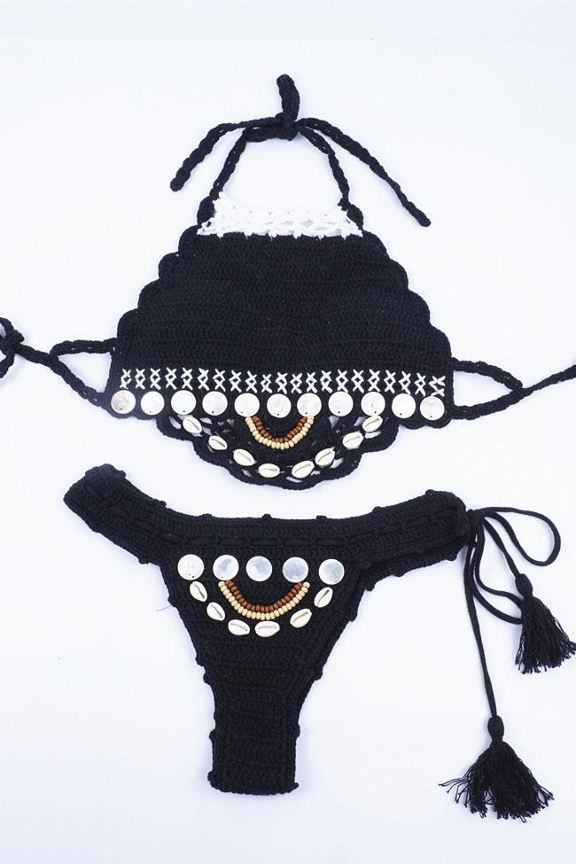 Black Bohemian Shell Trim Scalloped Crochet High Neck Bikini
