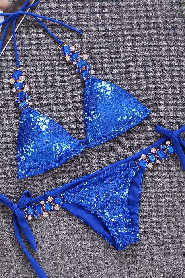 Rhinestone Sequin Slide Triangle Bikini - Two Piece Set