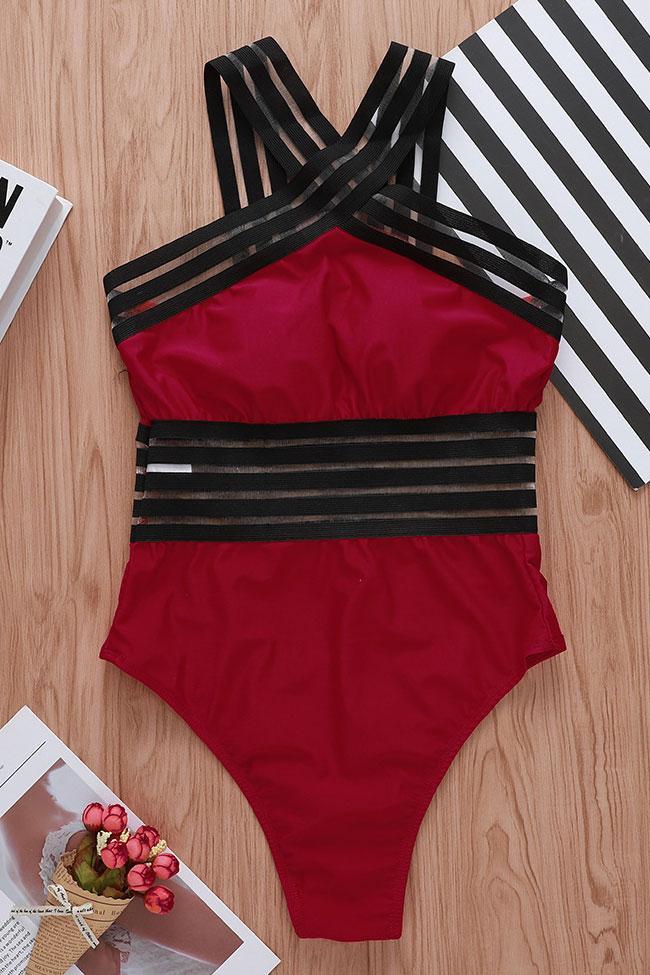 High Leg Cross Straps Splicing Mesh One Piece Swimsuit