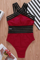 High Leg Cross Straps Splicing Mesh One Piece Swimsuit