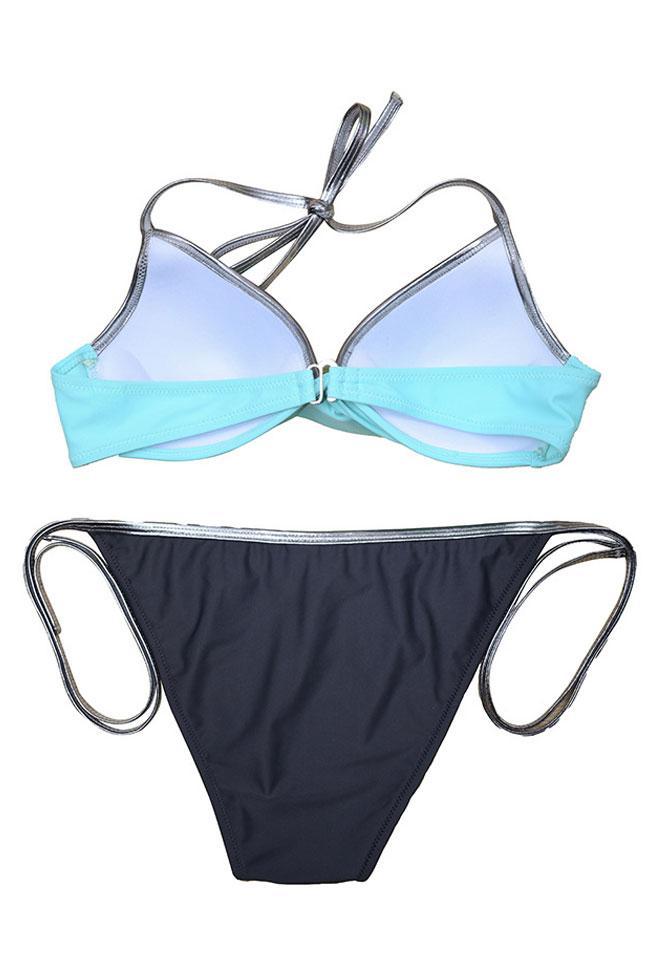 Metallic Trim Twist Front Push Up Halter Bikini - Two Piece Set