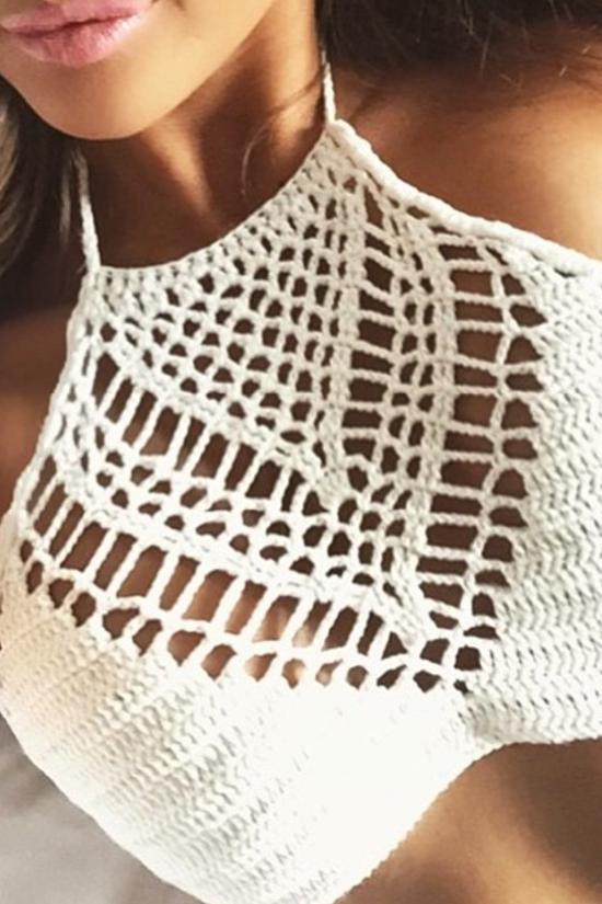 White Crochet Halter Bikini Top