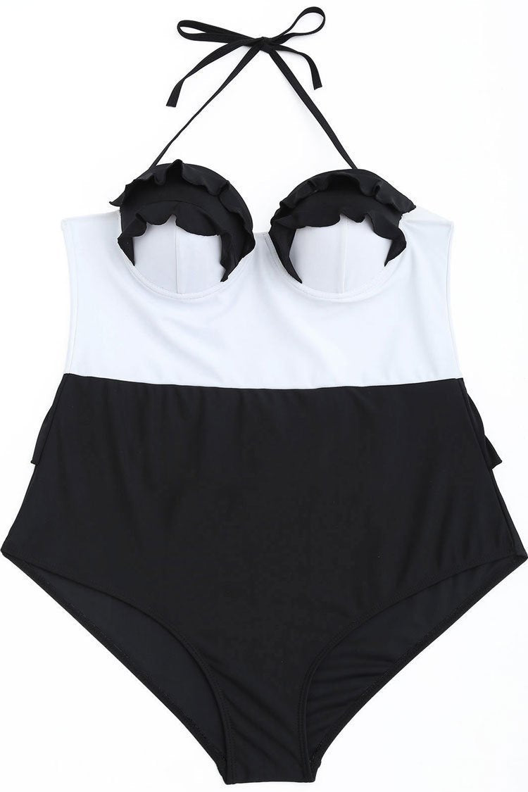 Plus Size Color Block Ruffle Peplum One Piece Swimsuit