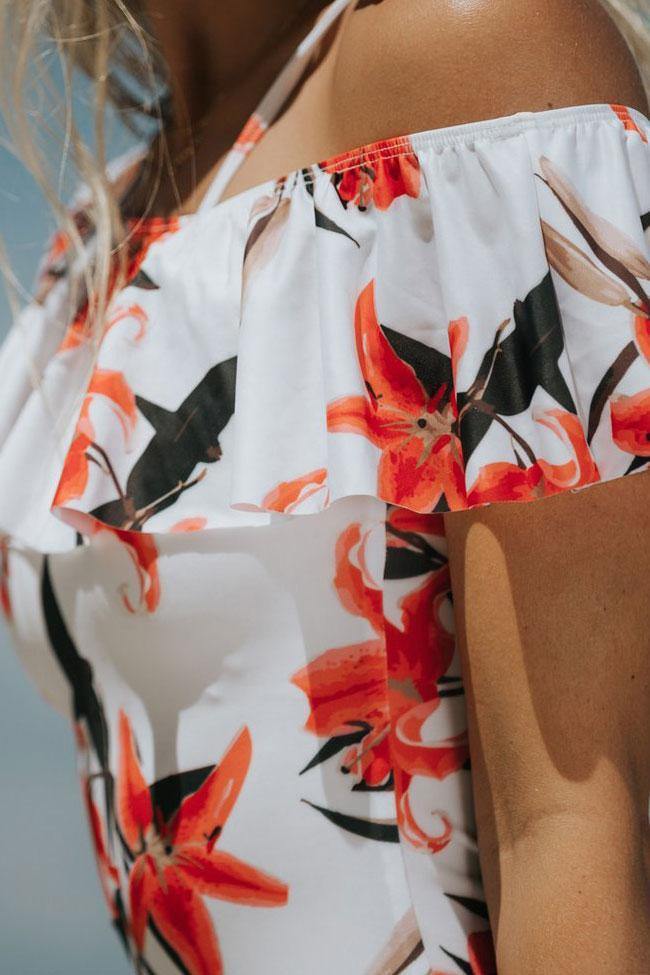 Blooming Floral Ruffle Off Shoulder One Piece Swimsuit
