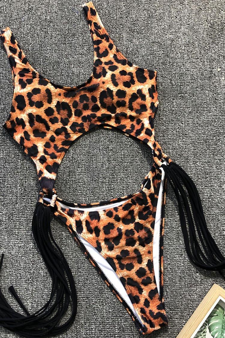 Leopard Tassel Side High Leg Cutout One Piece Swimsuit