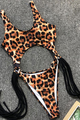 Leopard Tassel Side High Leg Cutout One Piece Swimsuit