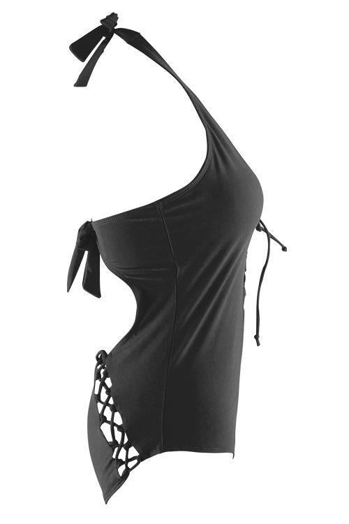 Black Halter Strappy Lace Up Braided Crisscross One Piece Swimsuit