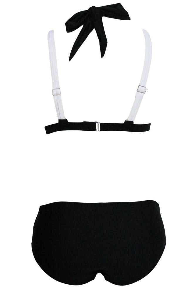 White Black Strappy Cutout Two Tone Halter Bikini Two Piece Swimsuit