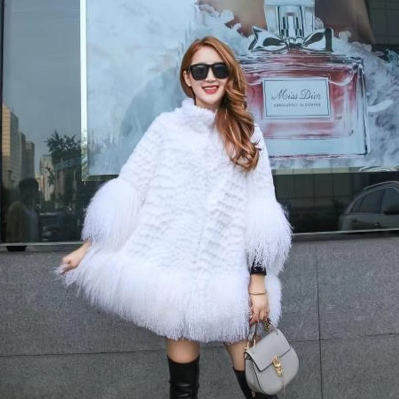 Casual With Mongolia Sheep Fur Sleeve Natural Rabbit Fur Coat