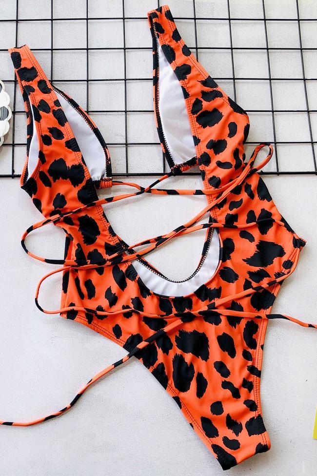 Low Back High Leg Cheetah Tie Straps Cutout Front One Piece Swimsuit