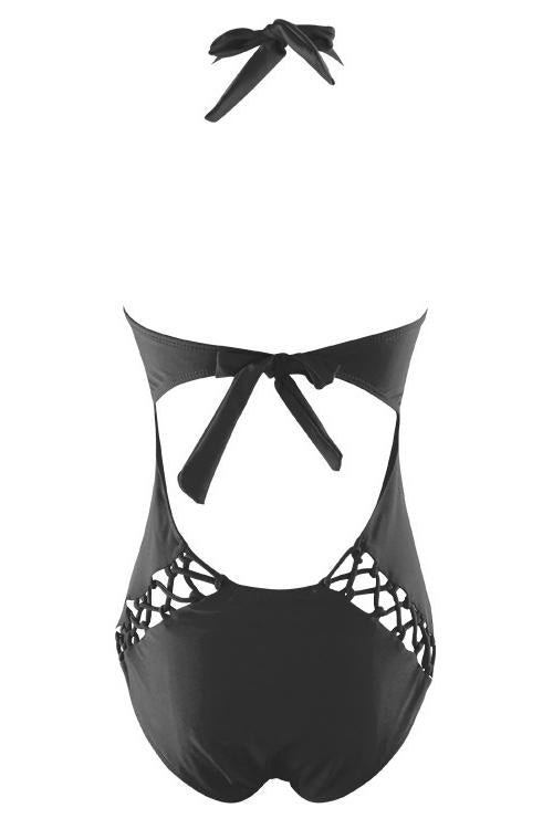 Black Halter Strappy Lace Up Braided Crisscross One Piece Swimsuit