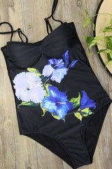 Blue Floral Printed Push Up Bandeau One Piece Swimsuit