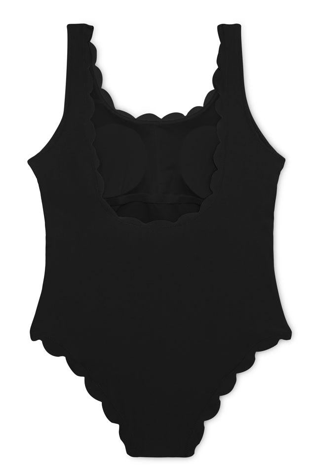 Black Scalloped Low Back Scoop Neck Cute One Piece Swimsuit