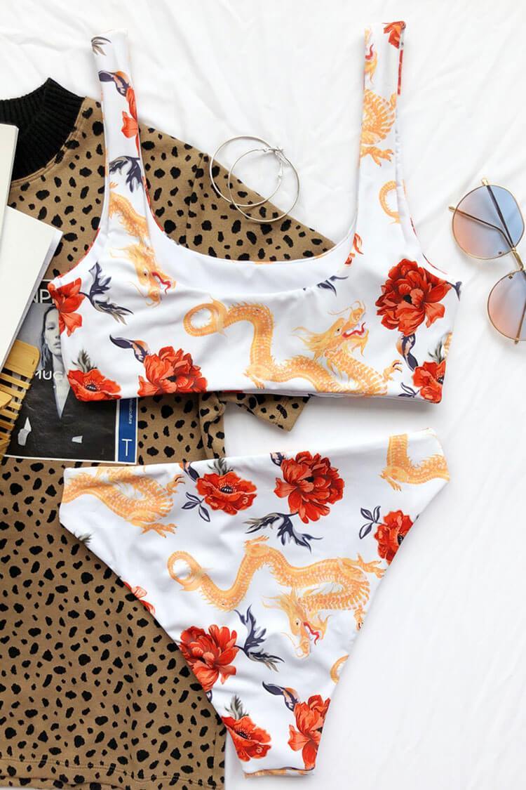 Athletic Printed Scoop Neck Bikini - Two Piece Set